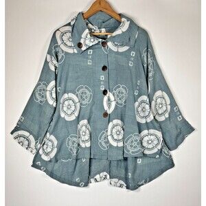 Yasuko Jacket Womens XL Blue Ume Blossom Print Gauze Cotton Lagenlook Pockets